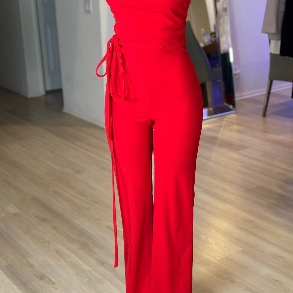 Fashion Nova Red Asymmetrical Jumpsuit with Wide-Leg Design